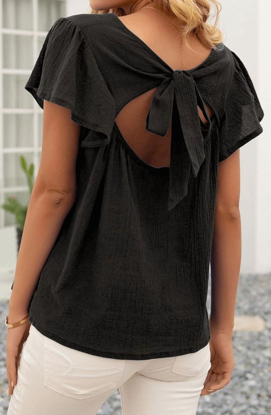 Women's Relaxed-Fit Crinkle-Textured Flutter Sleeve Blouse