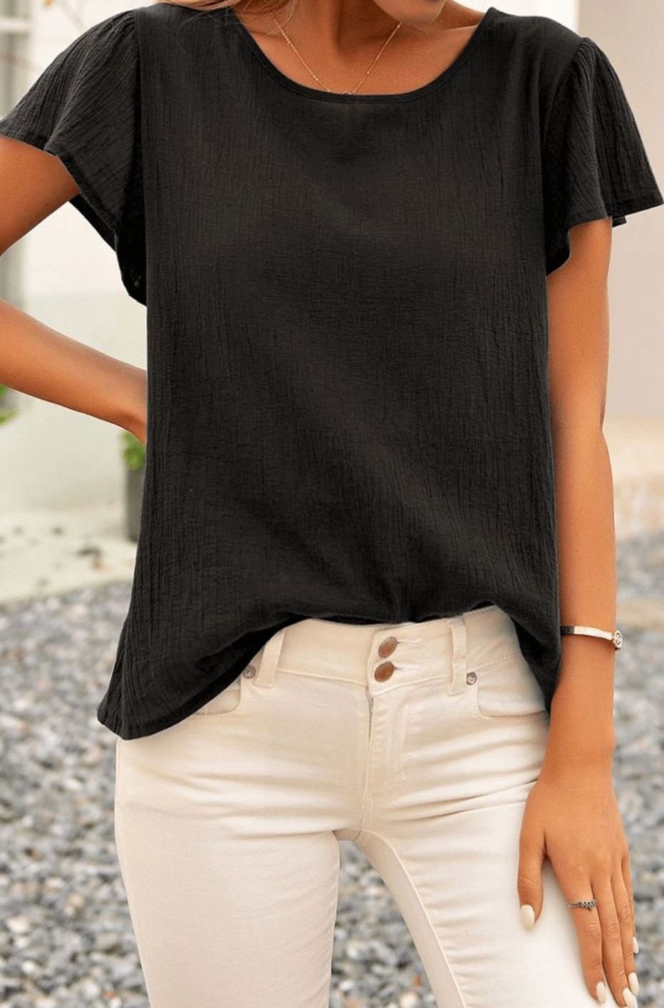 Women's Relaxed-Fit Crinkle-Textured Flutter Sleeve Blouse