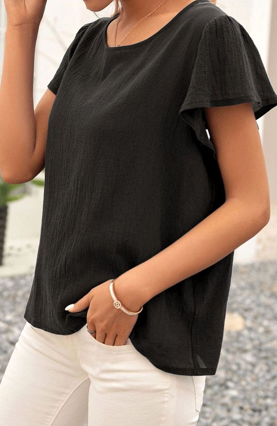 Women's Relaxed-Fit Crinkle-Textured Flutter Sleeve Blouse