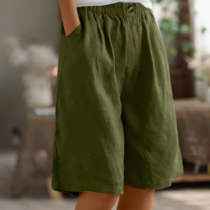 Women's Relaxed-Fit Elastic-Waist Casual Linen Shorts - Army Green