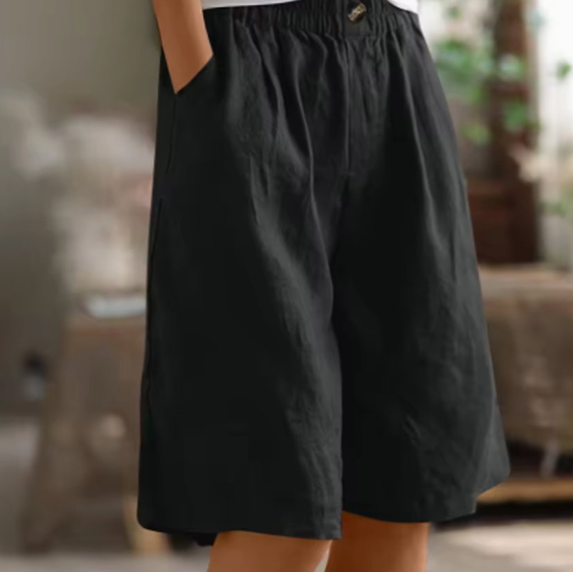 Women's Relaxed-Fit Elastic-Waist Casual Linen Shorts - Black