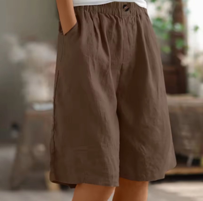 Women's Relaxed-Fit Elastic-Waist Casual Linen Shorts - Brown