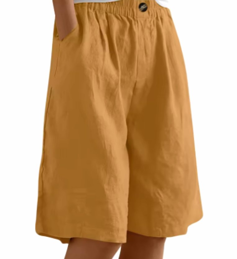 Women's Relaxed-Fit Elastic-Waist Casual Linen Shorts - Yellow
