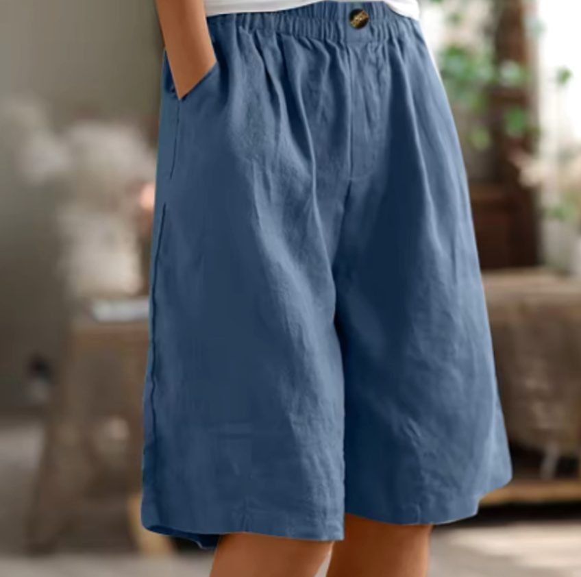 Women's Relaxed-Fit Elastic-Waist Casual Linen Shorts - Blue