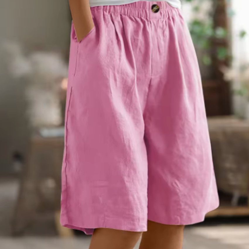 Women's Relaxed-Fit Elastic-Waist Casual Linen Shorts - Pink
