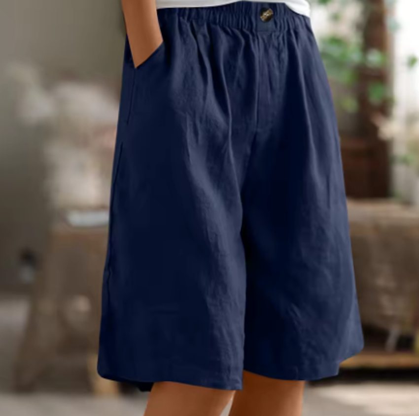 Women's Relaxed-Fit Elastic-Waist Casual Linen Shorts - Navy Blue