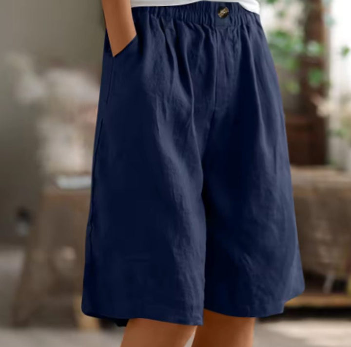 Women's Relaxed-Fit Elastic-Waist Casual Linen Shorts - Navy Blue