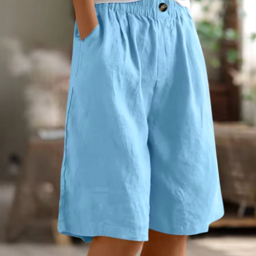 Women's Relaxed-Fit Elastic-Waist Casual Linen Shorts - Sky Blue