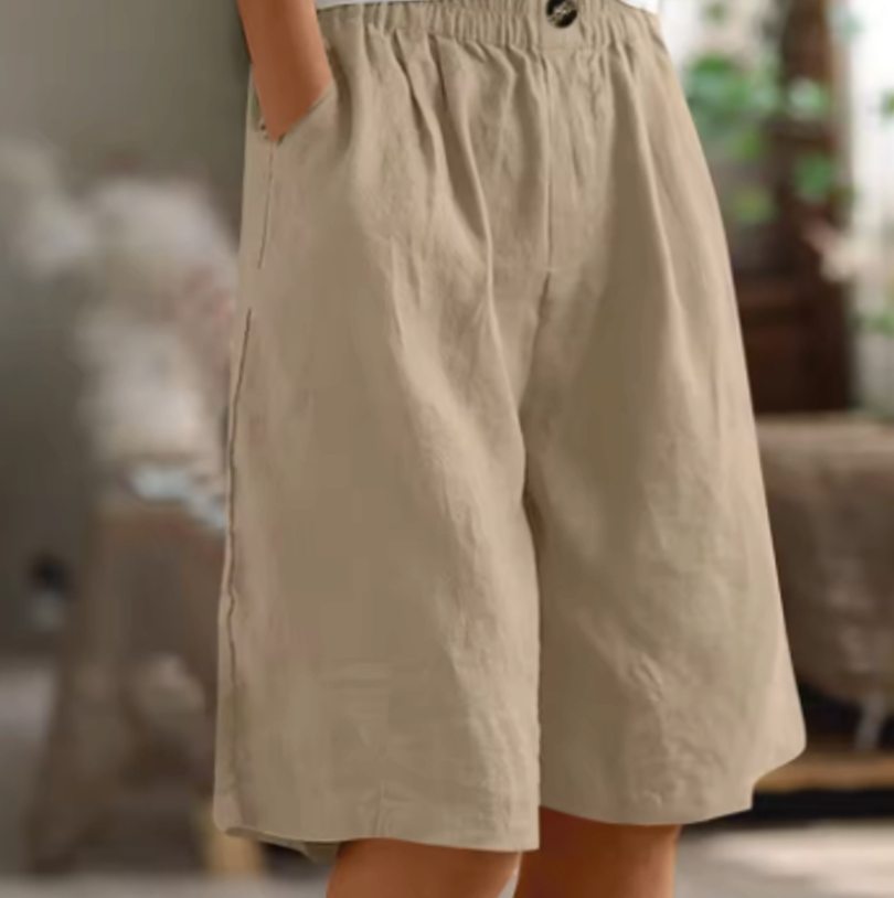 Women's Relaxed-Fit Elastic-Waist Casual Linen Shorts - Khaki