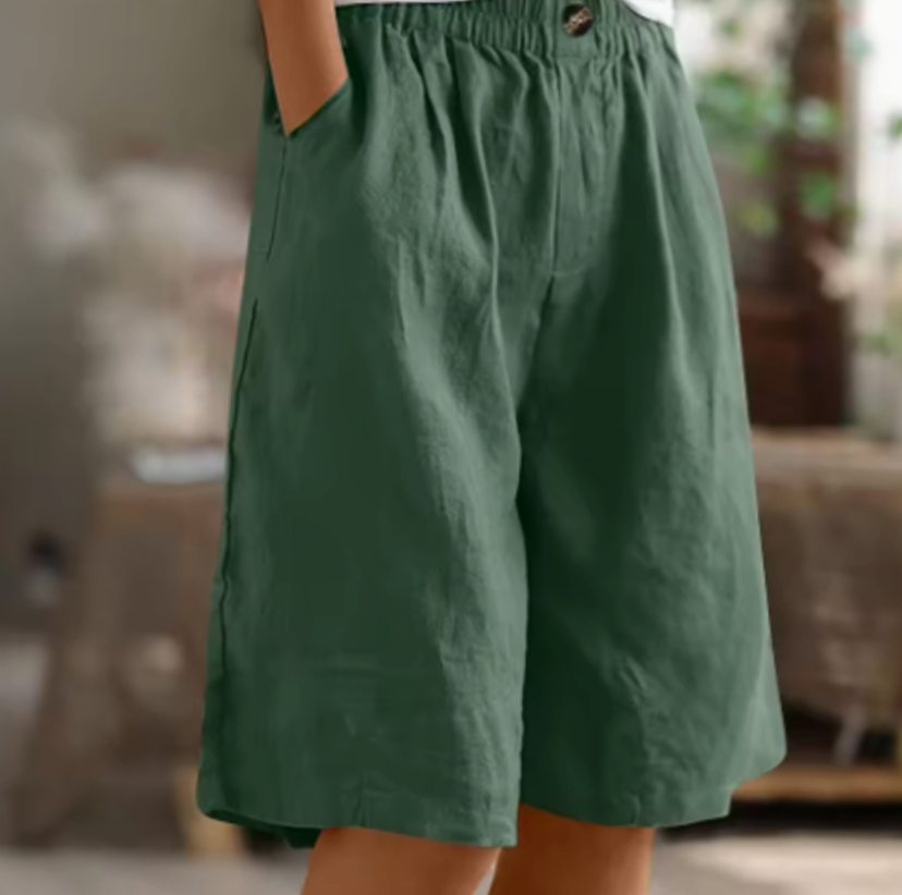 Women's Relaxed-Fit Elastic-Waist Casual Linen Shorts - Green