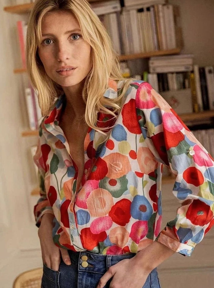 Women's Relaxed-Fit Floral Button-Up Long-Sleeve Blouse