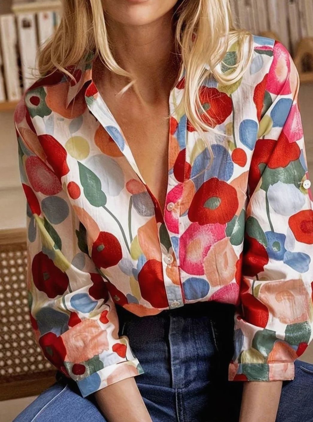 Women's Relaxed-Fit Floral Button-Up Long-Sleeve Blouse