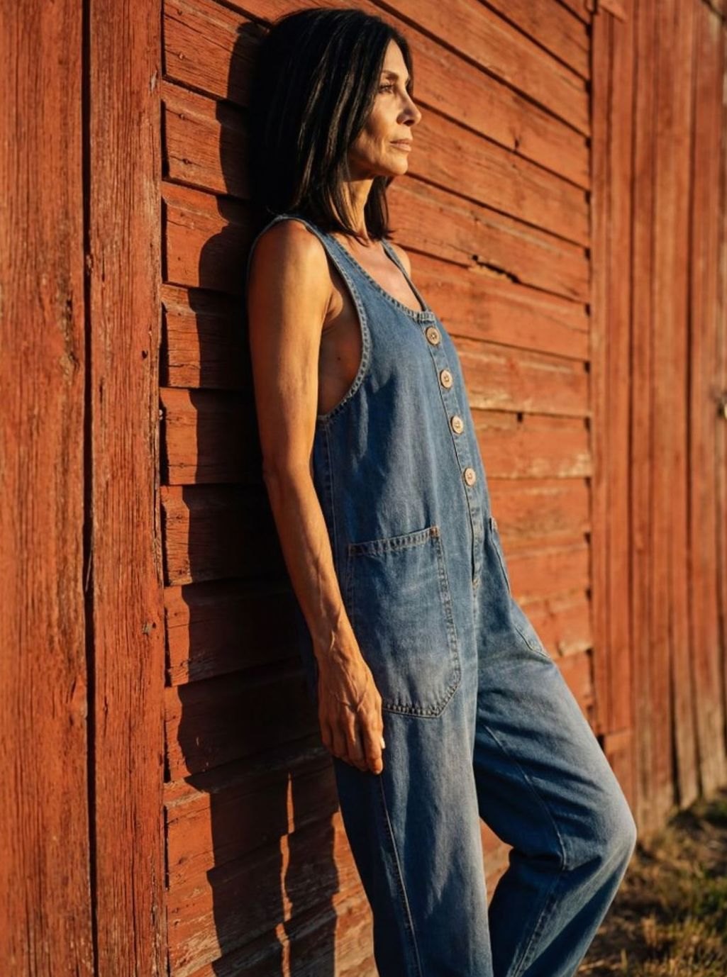 Women's Relaxed-Fit Full-Length Denim Jumpsuit Button Front