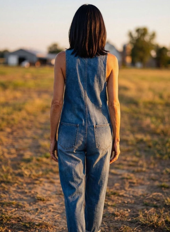 Women's Relaxed-Fit Full-Length Denim Jumpsuit Button Front