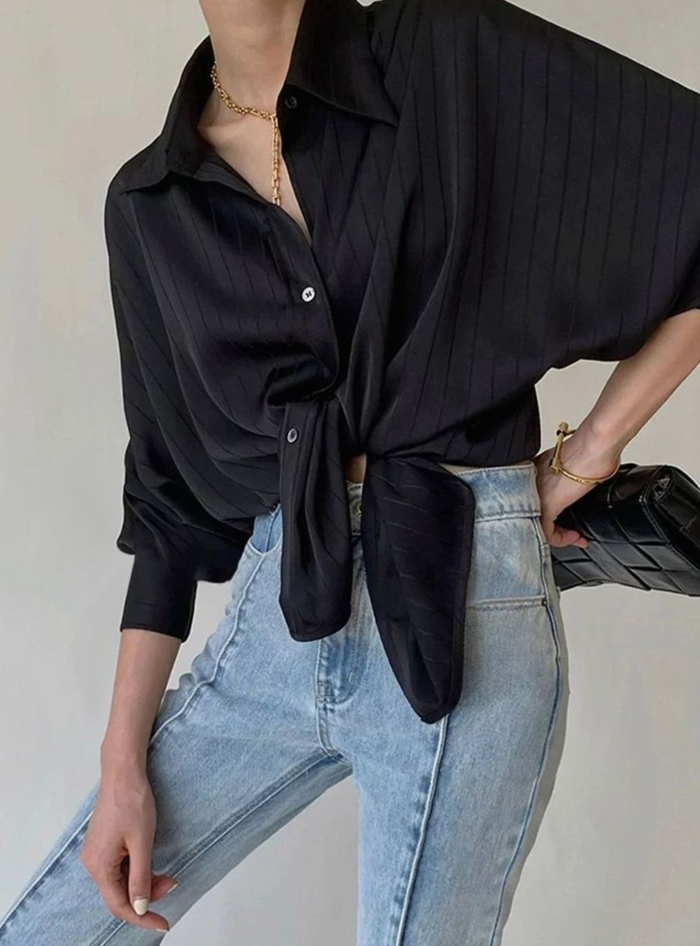 Women's Relaxed-Fit Gold-Button Striped Satin Blouse