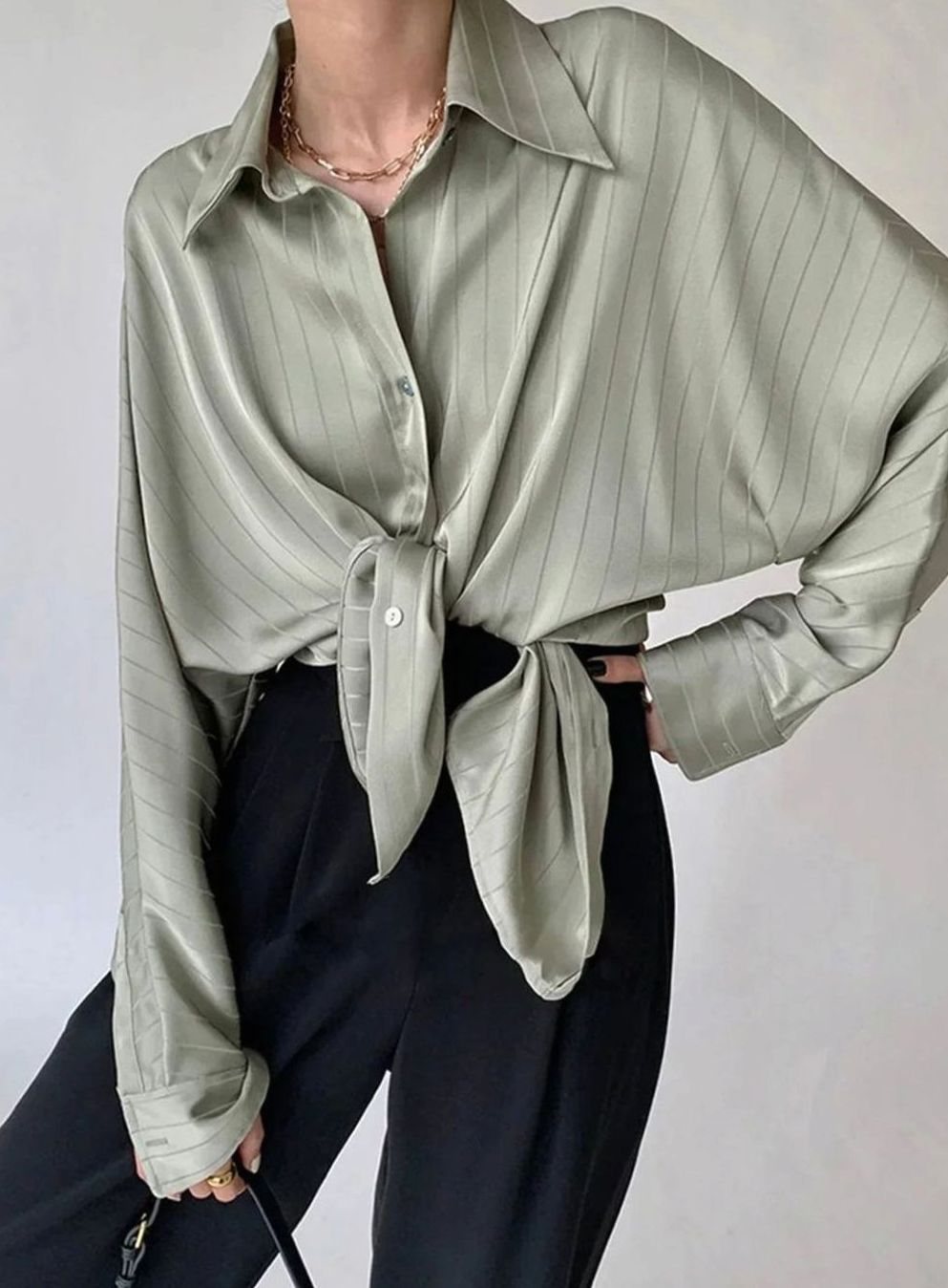 Women's Relaxed-Fit Gold-Button Striped Satin Blouse