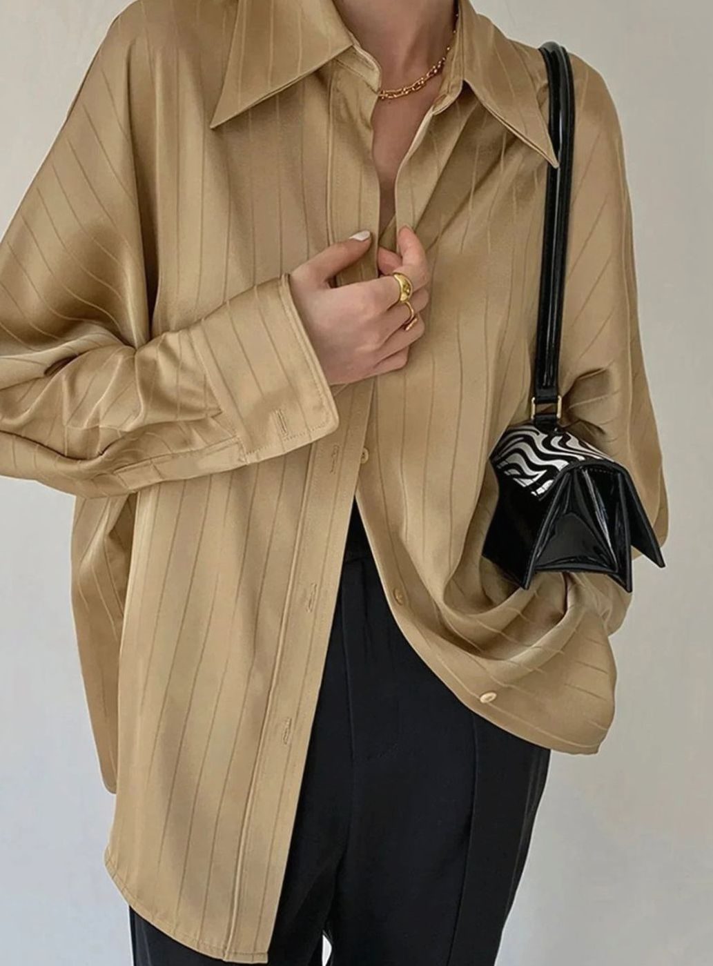 Women's Relaxed-Fit Gold-Button Striped Satin Blouse