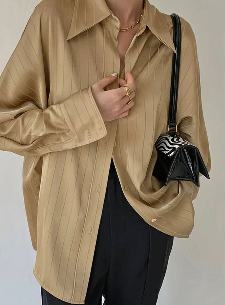 Women's Relaxed-Fit Gold-Button Striped Satin Blouse