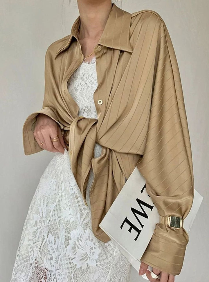 Women's Relaxed-Fit Gold-Button Striped Satin Blouse