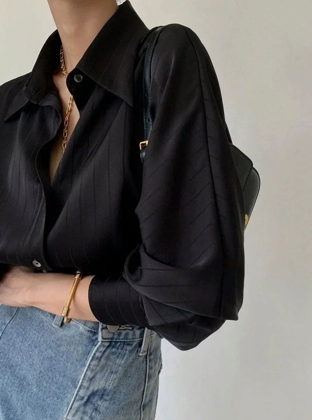 Women's Relaxed-Fit Gold-Button Striped Satin Blouse