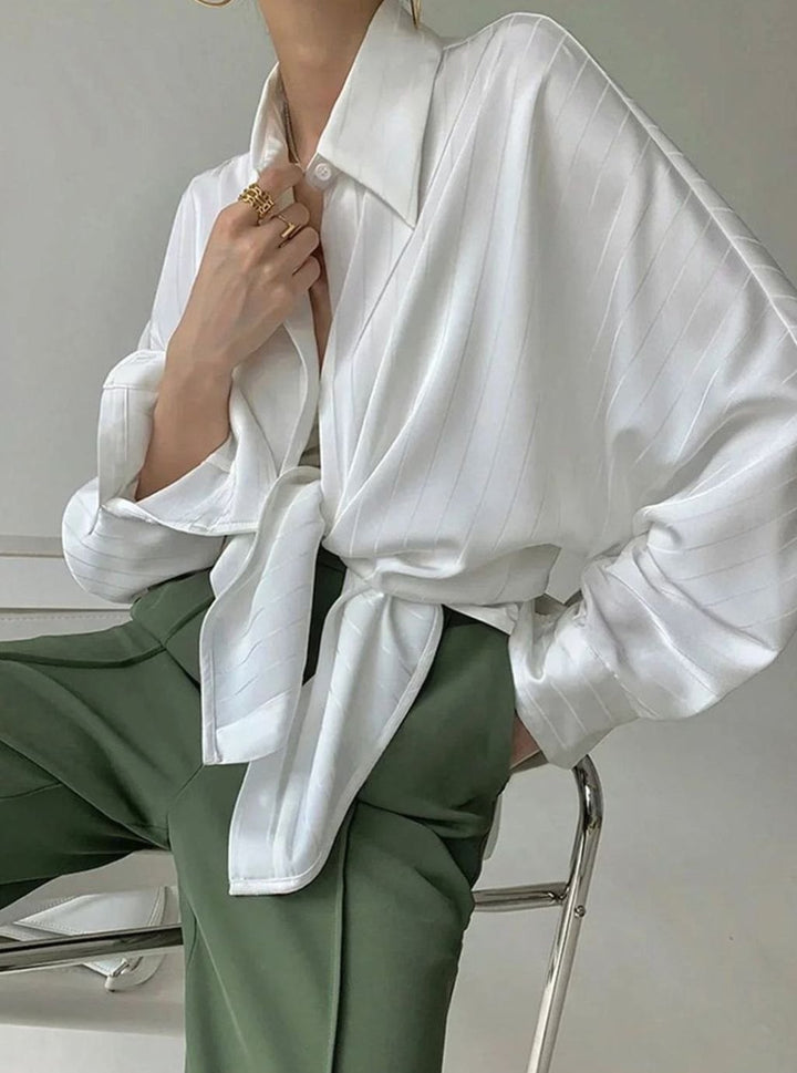 Women's Relaxed-Fit Gold-Button Striped Satin Blouse