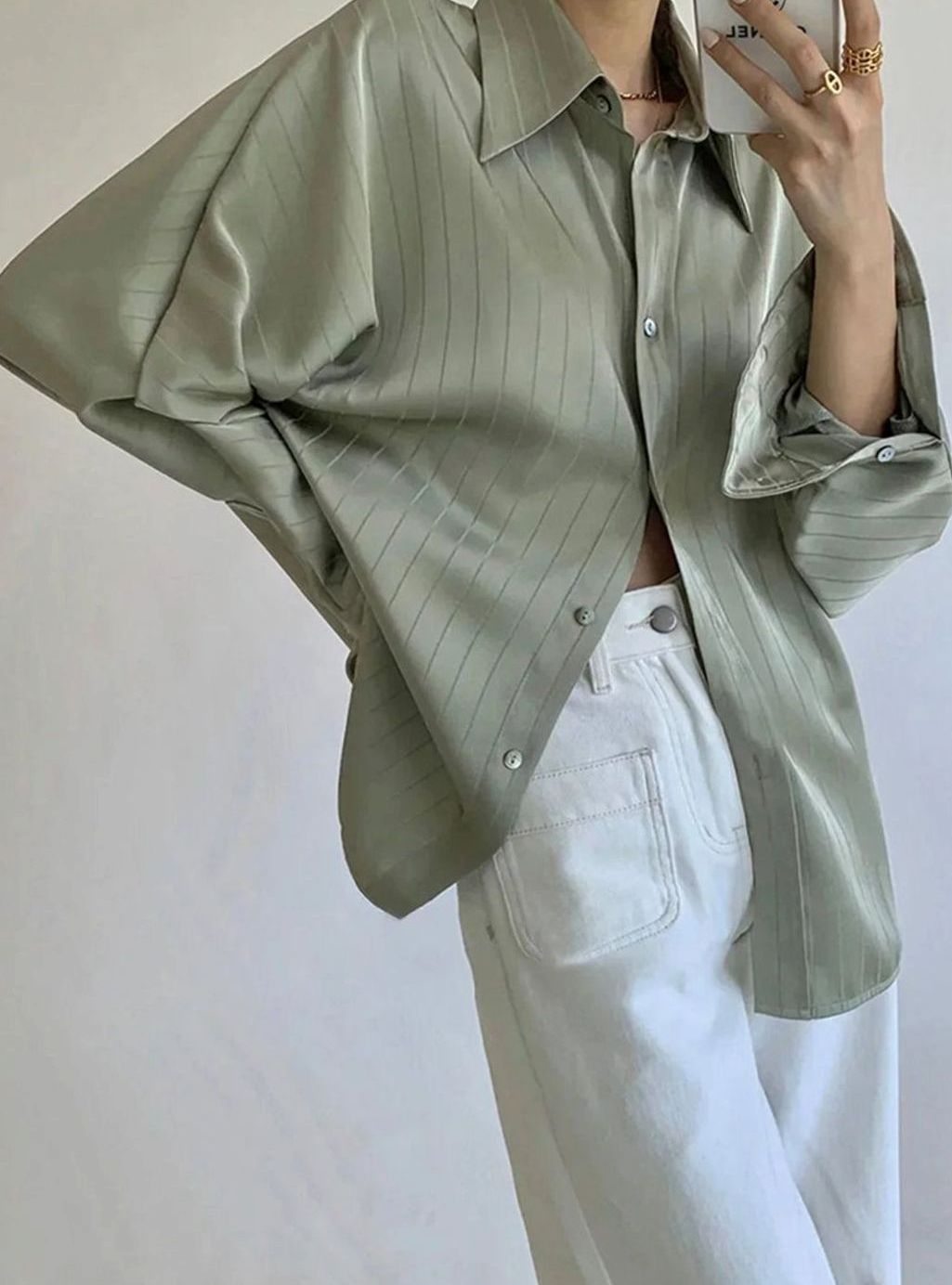Women's Relaxed-Fit Gold-Button Striped Satin Blouse