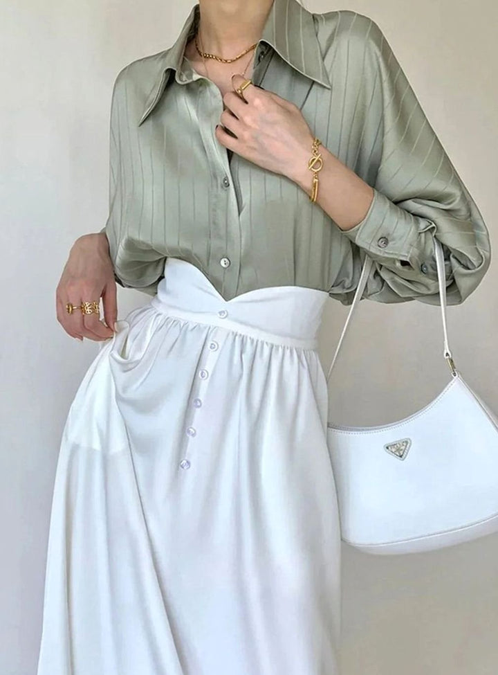Women's Relaxed-Fit Gold-Button Striped Satin Blouse