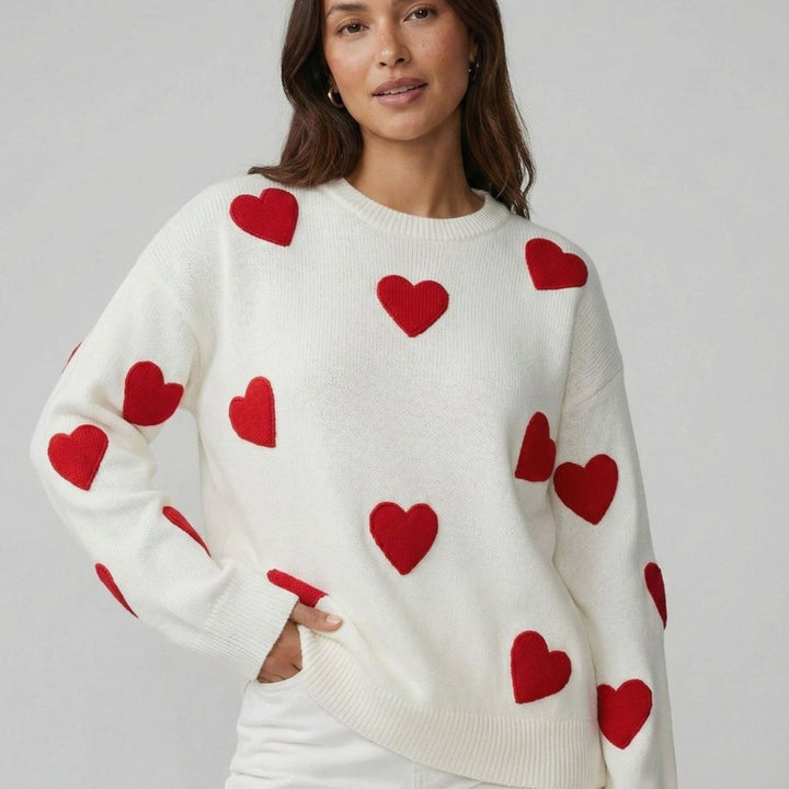 Women's Relaxed-Fit Heart Motif Patterned Knitted Jumper