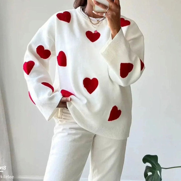 Women's Relaxed-Fit Heart Motif Patterned Knitted Jumper