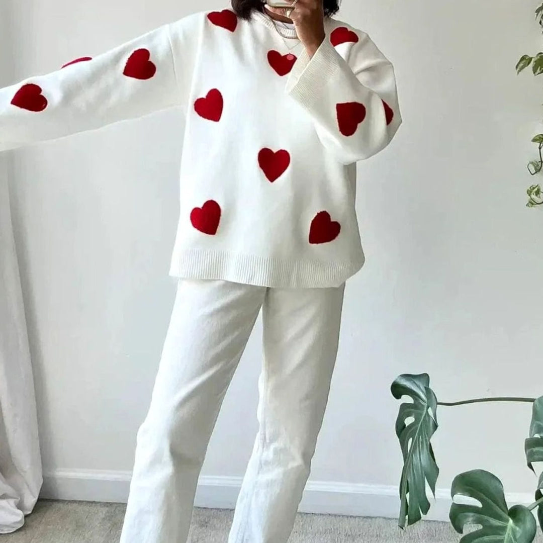 Women's Relaxed-Fit Heart Motif Patterned Knitted Jumper