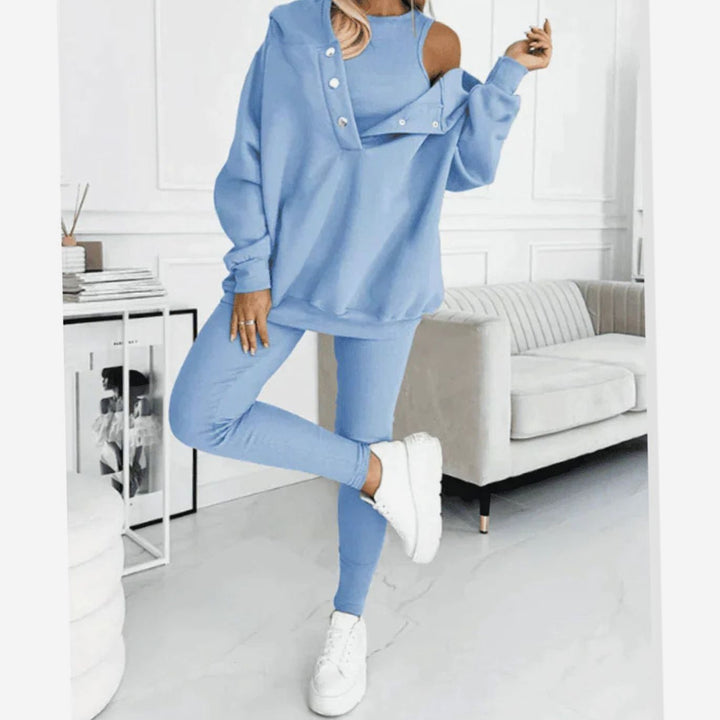 Women's Relaxed-Fit Hooded Sweatshirt Jogger Three-Piece Set - Blue