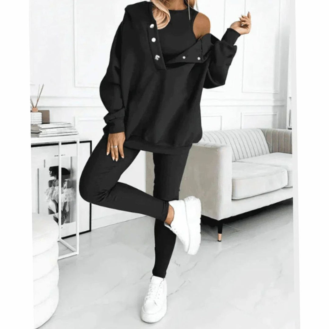 Women's Relaxed-Fit Hooded Sweatshirt Jogger Three-Piece Set - Black