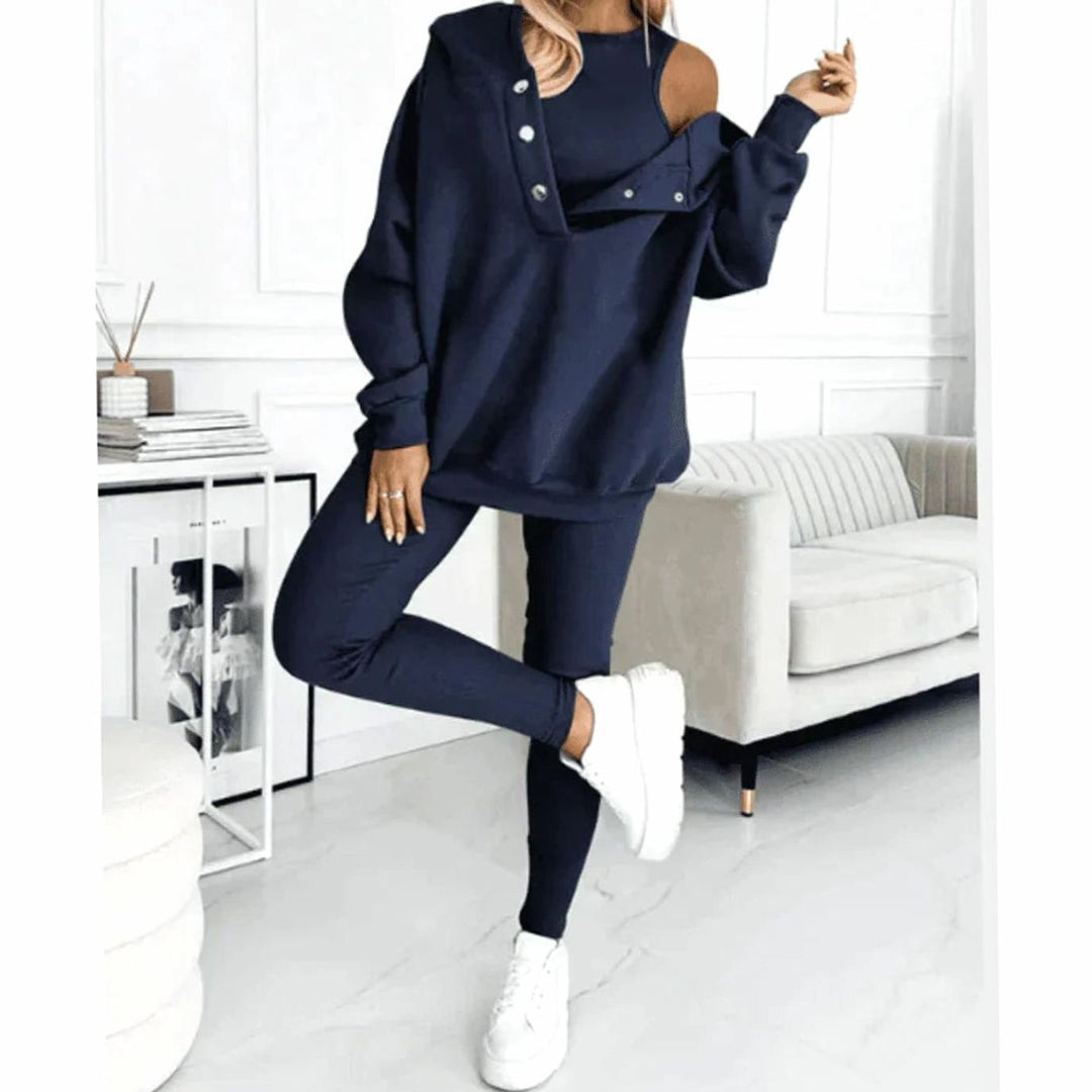 Women's Relaxed-Fit Hooded Sweatshirt Jogger Three-Piece Set - Navy Blue