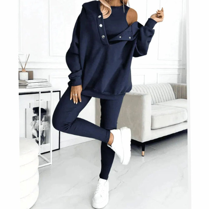 Women's Relaxed-Fit Hooded Sweatshirt Jogger Three-Piece Set - Navy Blue