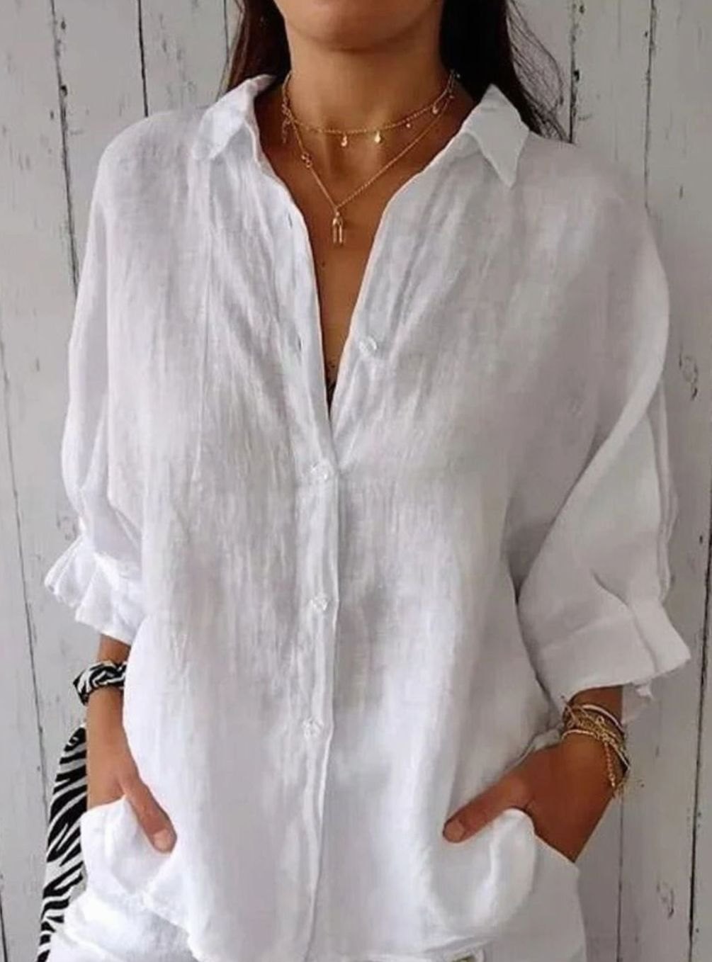 Women's Relaxed-Fit Linen Blouse Button-Up Long-Sleeve Shirt