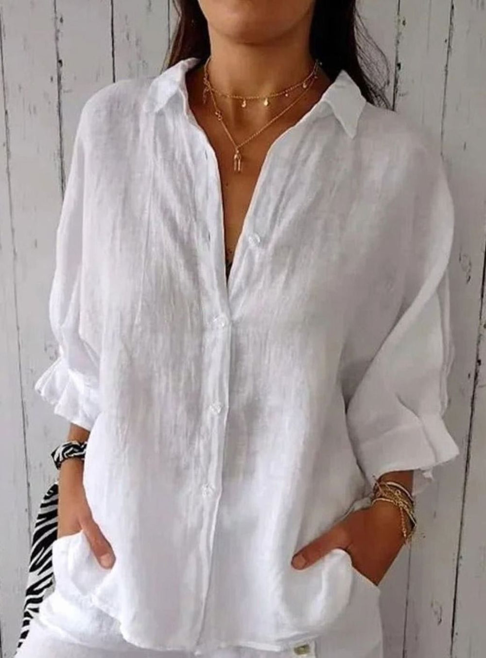 Women's Relaxed-Fit Linen Blouse Button-Up Long-Sleeve Shirt