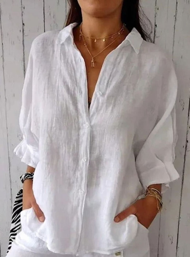 Women's Relaxed-Fit Linen Blouse Button-Up Long-Sleeve Shirt