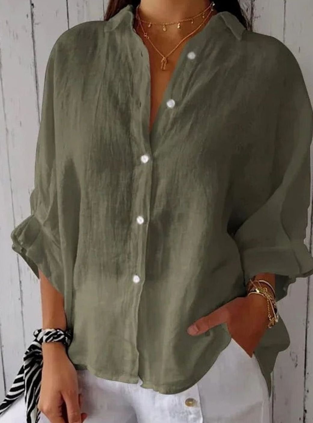 Women's Relaxed-Fit Linen Blouse Button-Up Long-Sleeve Shirt