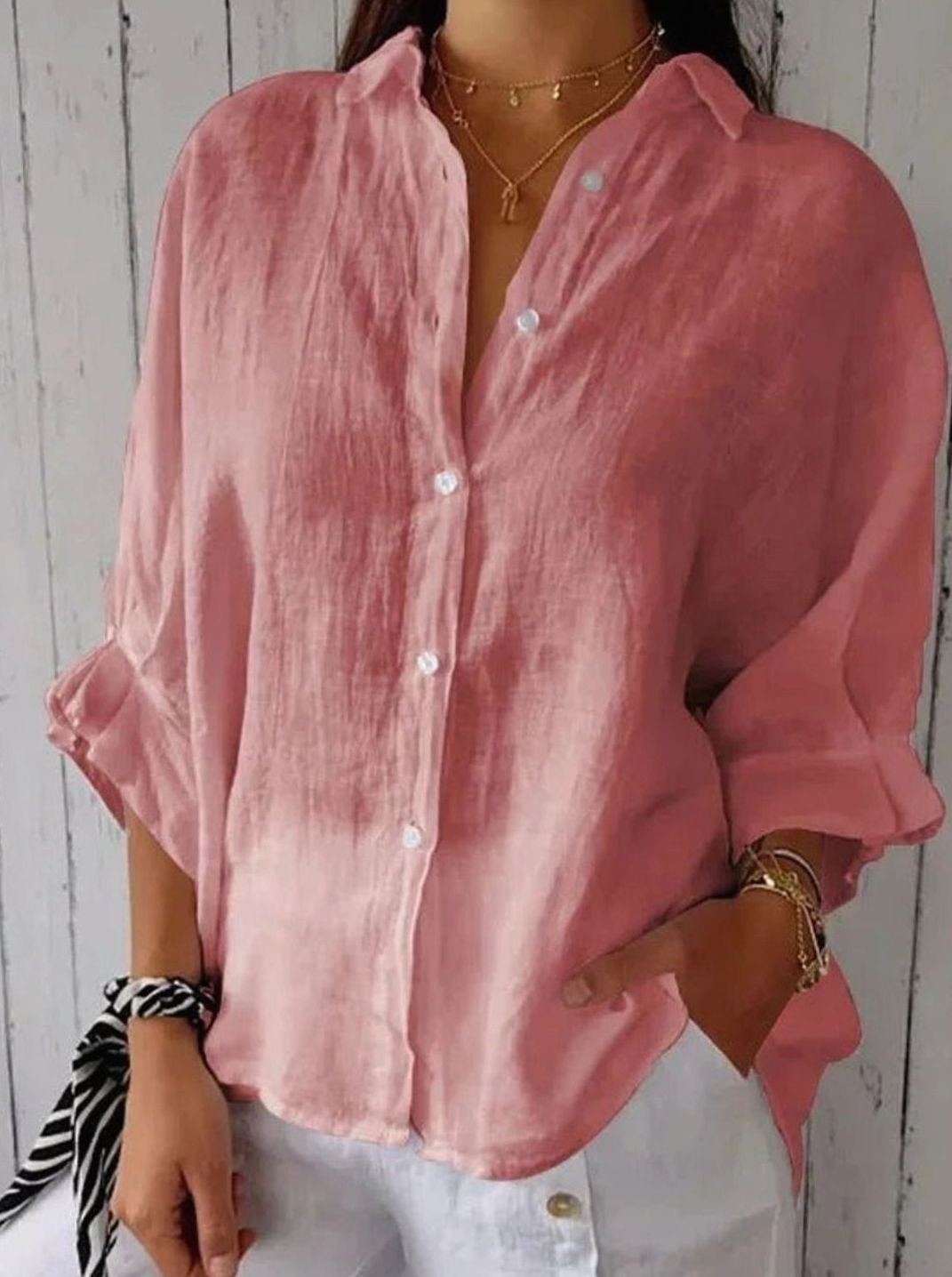 Women's Relaxed-Fit Linen Blouse Button-Up Long-Sleeve Shirt