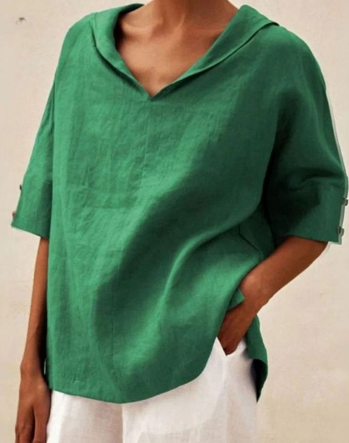 Women's Relaxed-Fit Linen V-Neck Half-Sleeve Blouse
