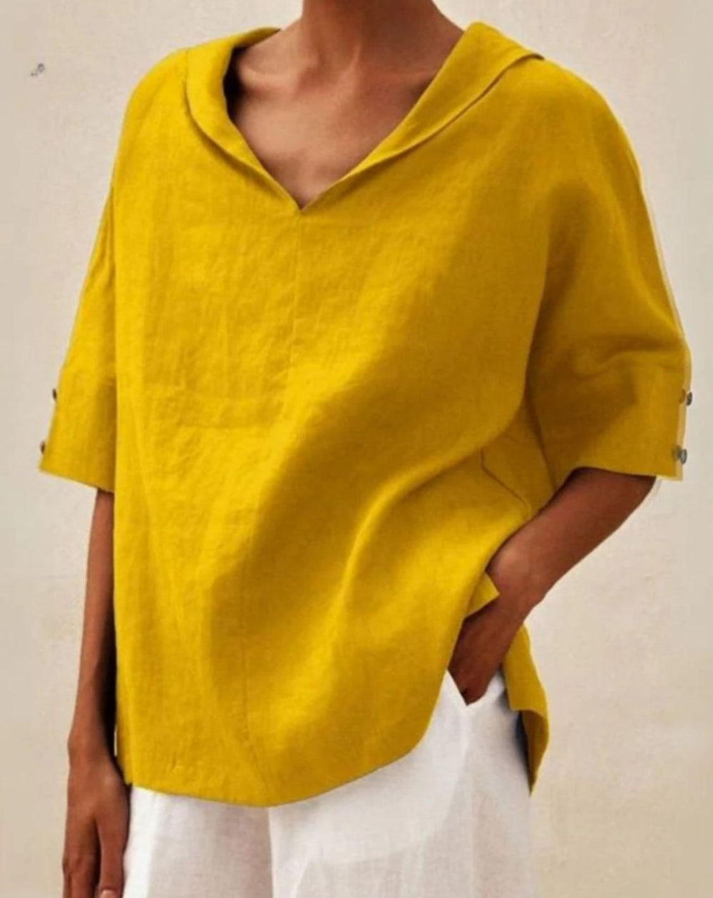 Women's Relaxed-Fit Linen V-Neck Half-Sleeve Blouse