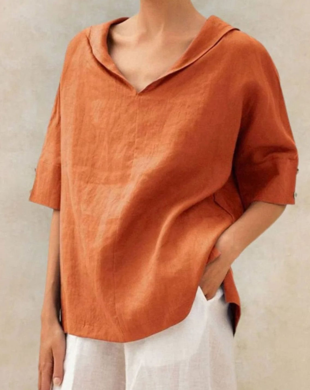 Women's Relaxed-Fit Linen V-Neck Half-Sleeve Blouse
