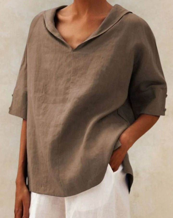 Women's Relaxed-Fit Linen V-Neck Half-Sleeve Blouse