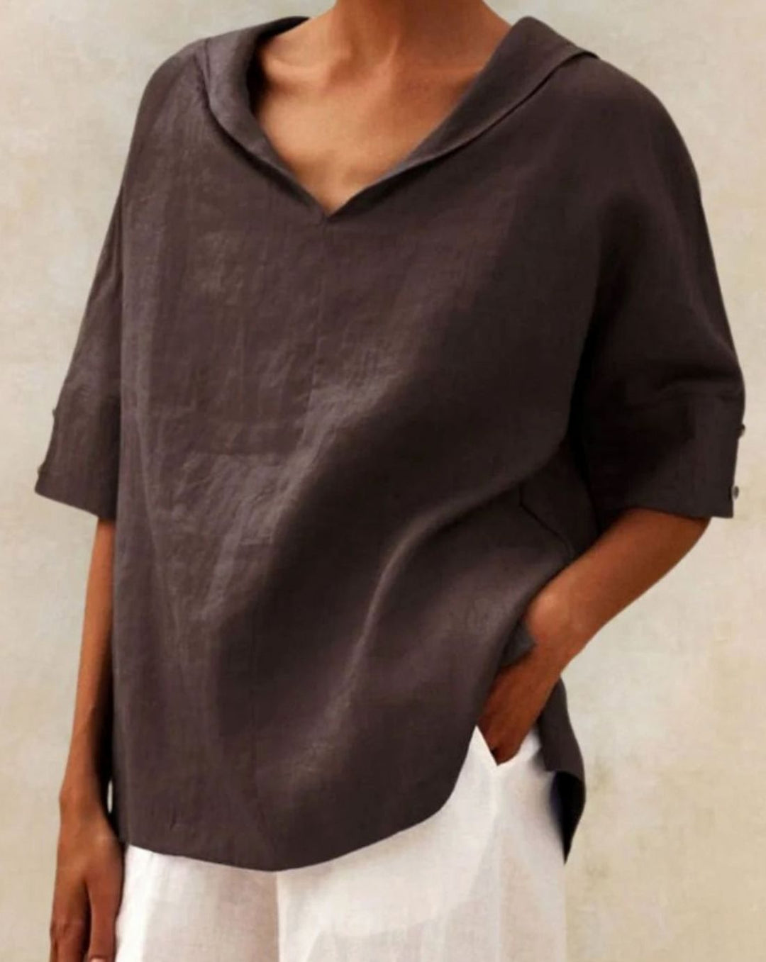 Women's Relaxed-Fit Linen V-Neck Half-Sleeve Blouse