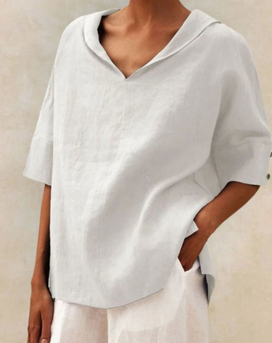 Women's Relaxed-Fit Linen V-Neck Half-Sleeve Blouse