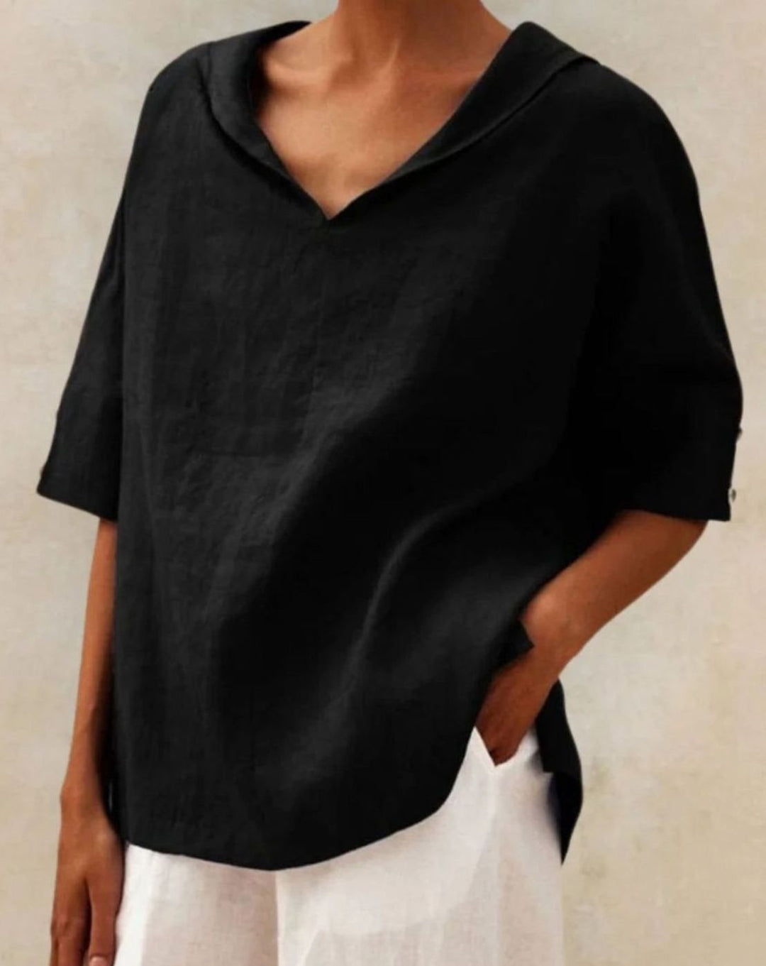 Women's Relaxed-Fit Linen V-Neck Half-Sleeve Blouse