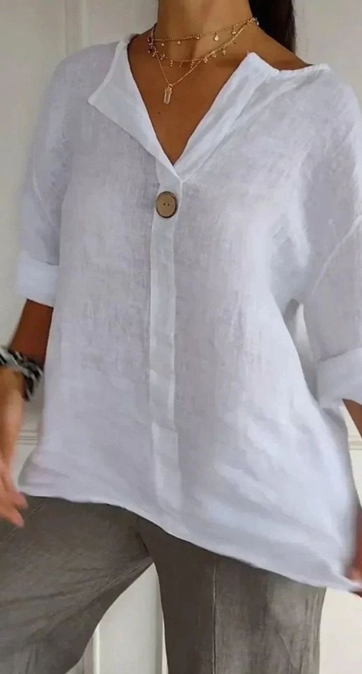 Women's Relaxed-Fit Linen V-Neck Single-Button Blouse