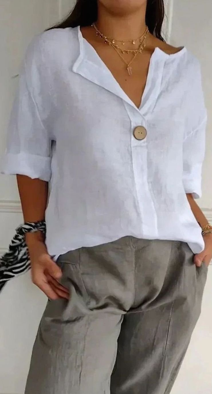 Women's Relaxed-Fit Linen V-Neck Single-Button Blouse