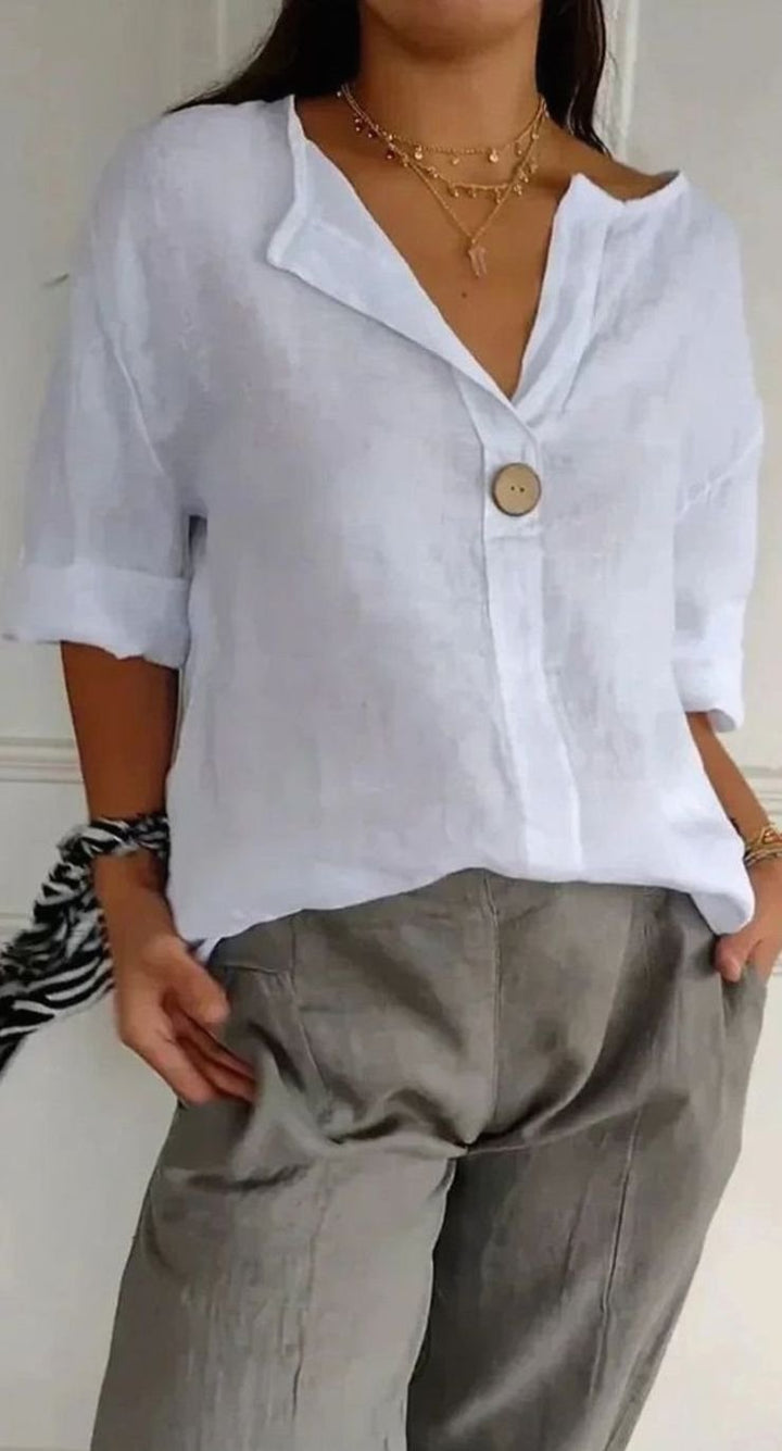 Women's Relaxed-Fit Linen V-Neck Single-Button Blouse