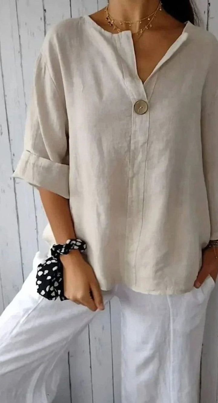 Women's Relaxed-Fit Linen V-Neck Single-Button Blouse